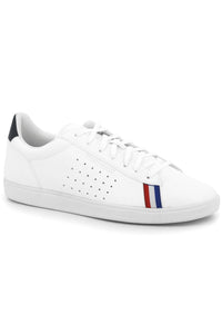 White sneaker with a red, blue, and white striped accent on a white background