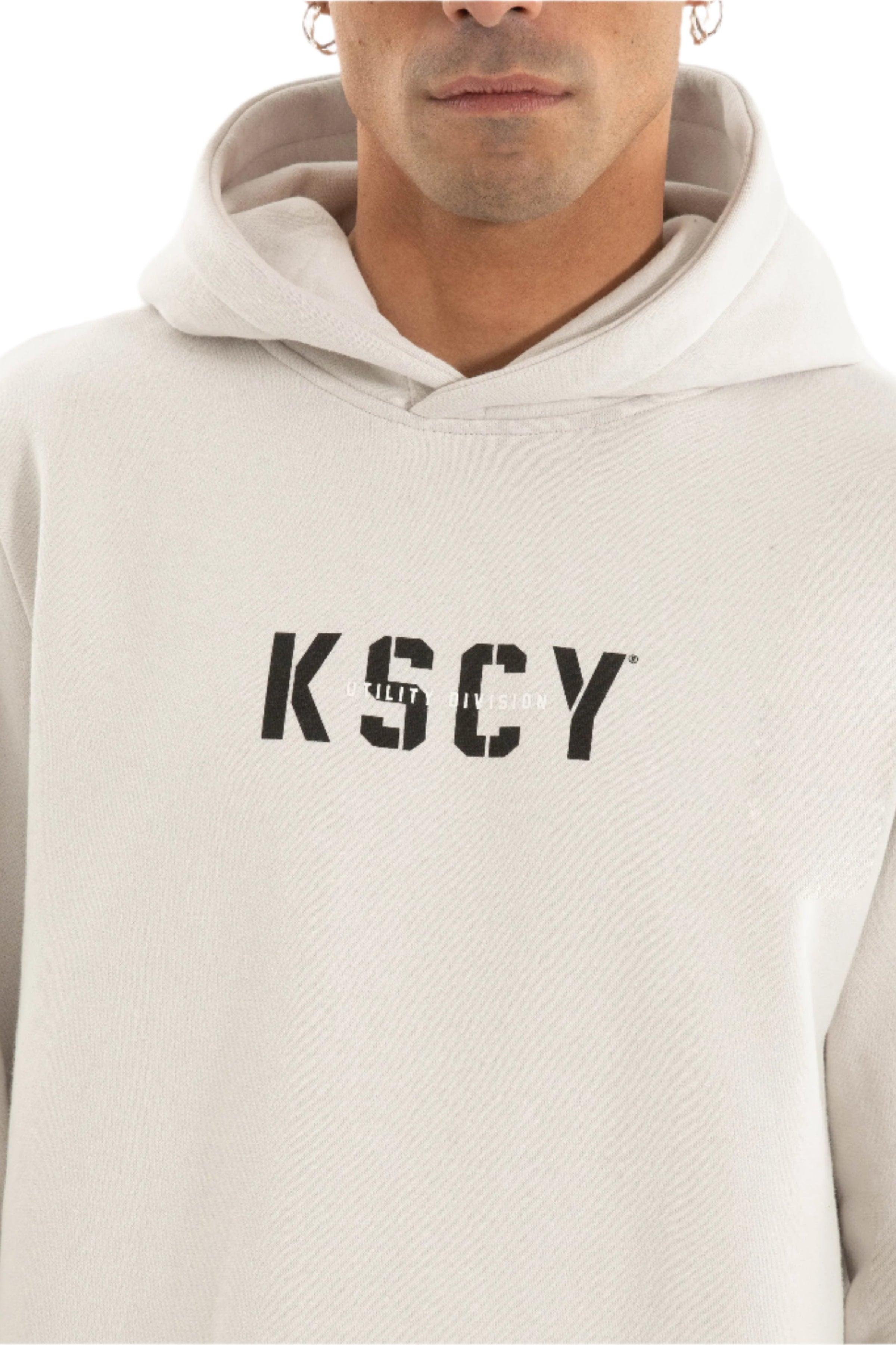 Grey hoodie with 'KSCY' text on chest