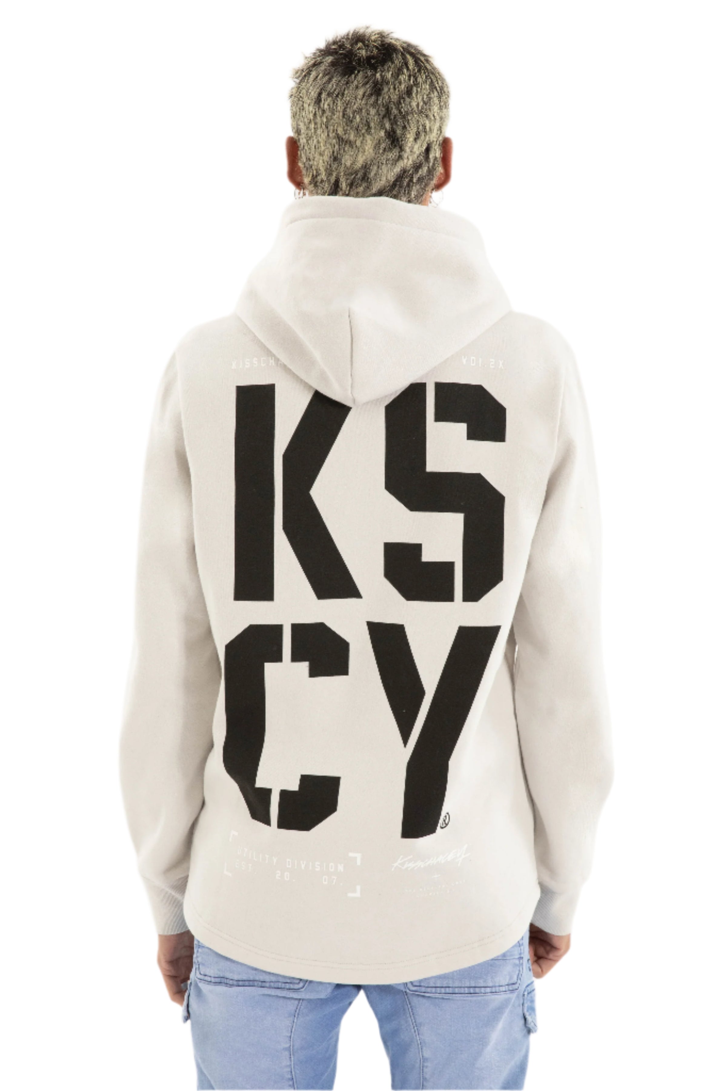 Person wearing a grey hoodie with 'KSCY' printed on the back against a light gray background