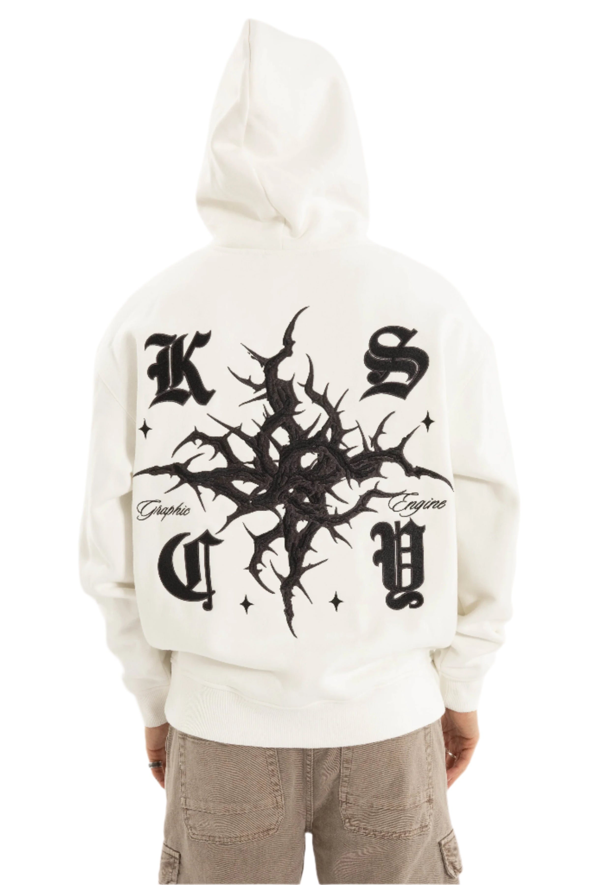 White hoodie with black graphic design on a white background