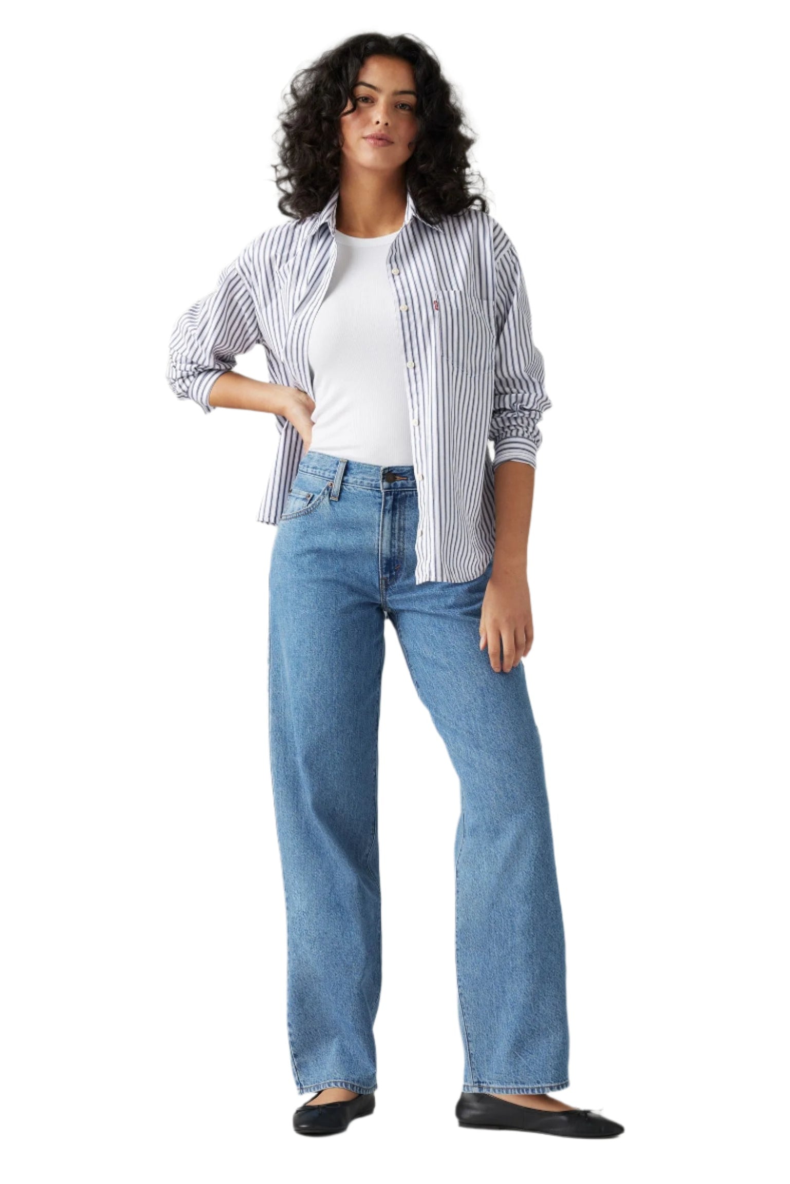 A female model wearing a striped button-up shirt and blue straight-leg jeans.