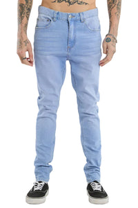 Light blue jeans worn by a person on a white background