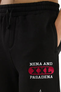 Black sweatpants with 'Nena and XXL Pasadena' text on a white background