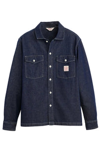 Dark blue denim shirt with two front pockets on a light gray background