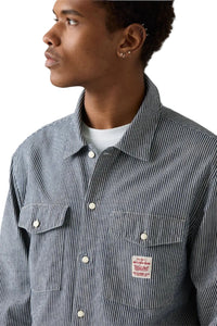 Person wearing a striped shirt with a visible brand label on a plain background