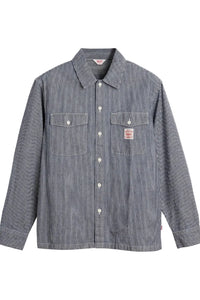 Blue and white striped shirt with a logo on a light gray background