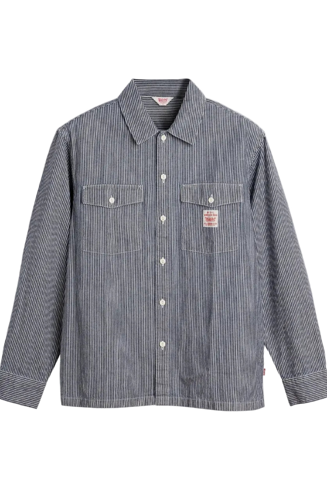 Blue and white striped shirt with a logo on a light gray background