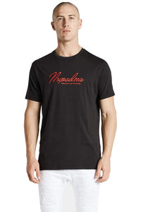 A male model wearing a black scoop back t-shirt with the brand name 'NXP' printed on the front.